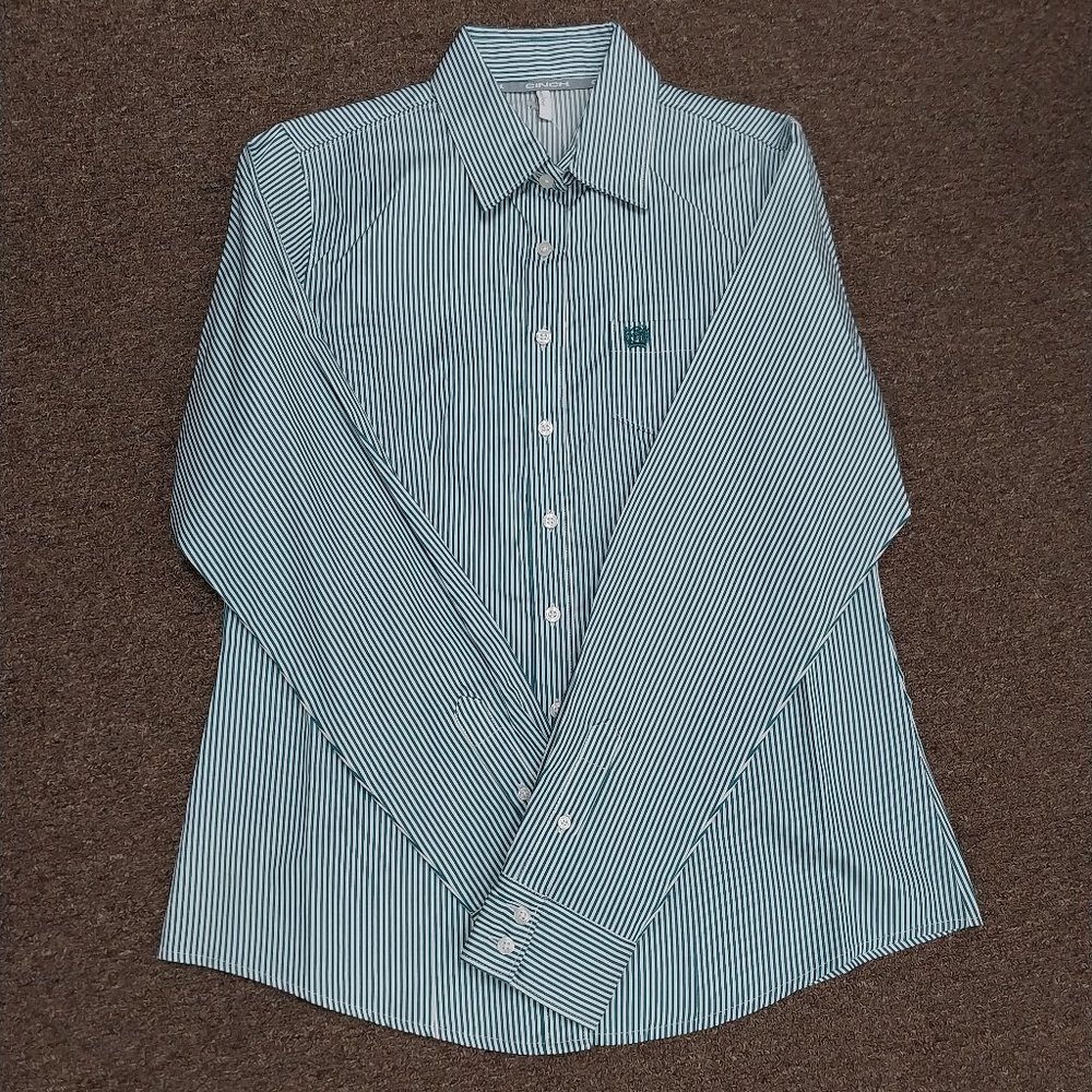 Cinch Women's Long Sleeve Button Down Tencel Shirt - Teal Stripe